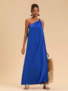 Travachic Đầm suông không tay rộng rãi màu trơn đính hạt thường ngày cho nữ - Màu xanh lam - Xem 2