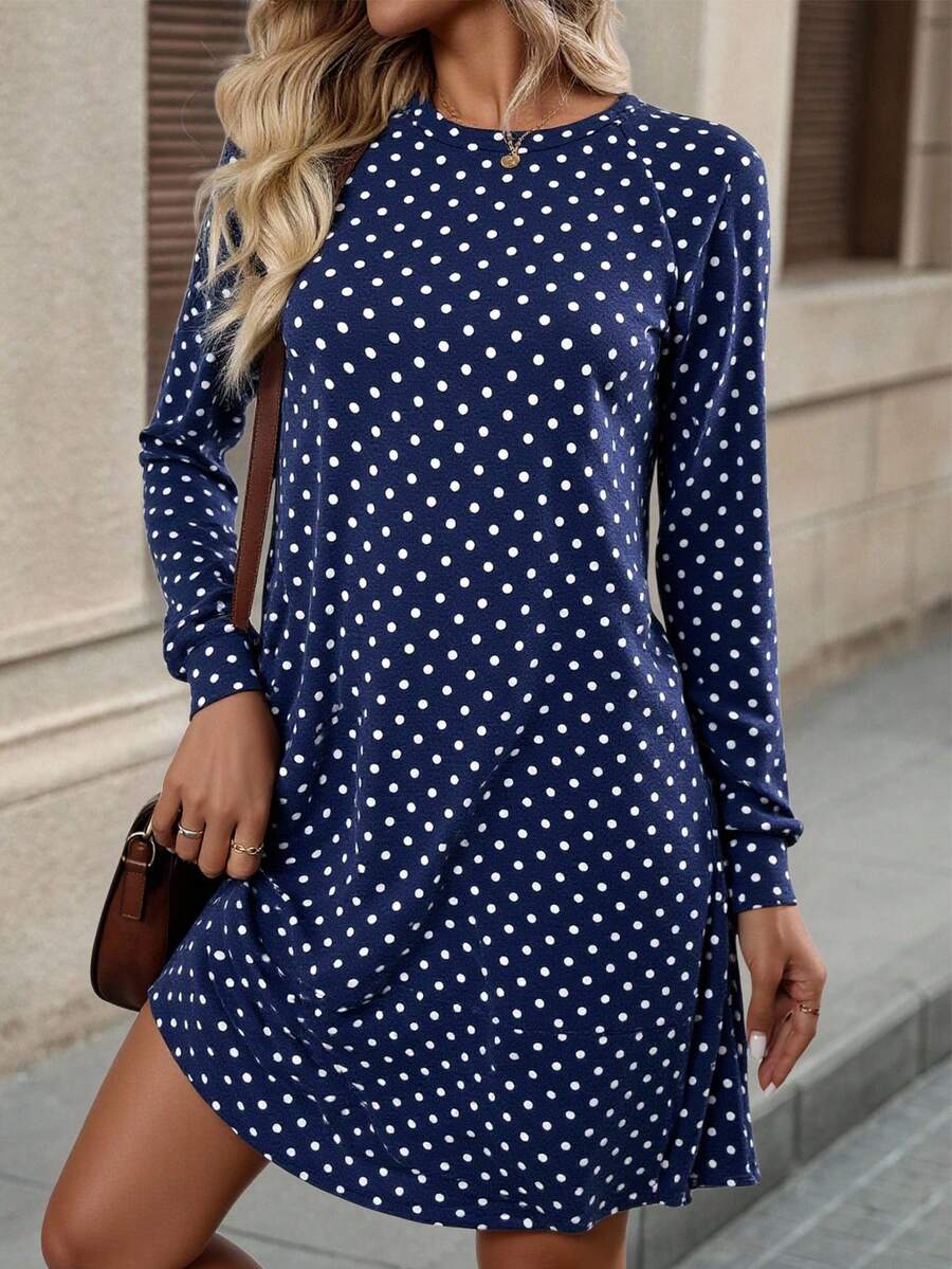 EMERY ROSE 女式圆领波点印花休闲宽松插肩袖连衣裙 - 藏蓝色 - 查看 1