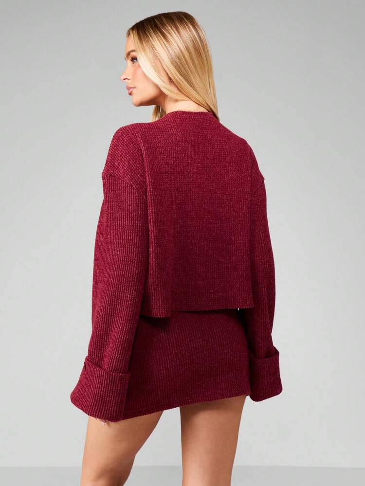MISSGUIDED Burgundy Waffle Knit Button Up Cardigan And Mini Skirt Matching Co Ord Set Fall Winter Cozy Outfit Christmas