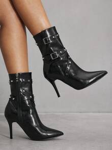 CUCCOO SZL Women's Pointed Toe Stiletto Buckle Sexy Elegant Fashion Mid-Calf Boots - Black - View 1