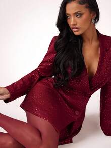 Radiana Fall/Winter Women's Sexy Elegant Metallic Sequin Fitted Long Blazer Jacket, Waist Cinched Suit Dress Suitable For Dates, Gatherings, Parties, New Year, Christmas, Banquets, Formal Occasions, Slimming Waist, Flattering Silhouette Red Blazer Dress Red Sequin Dress Red Sparkly Dress Red Outfits