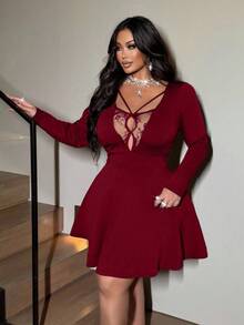 NU&NOW Đầm chữ A không tay gợi cảm màu đỏ phối ren dành cho nữ cỡ lớn, thích hợp cho đi chơi, hẹn hò, tiệc năm mới, dạ hội tốt nghiệp, thời trang và đa năng. - Màu Đỏ Sâu - Xem 4