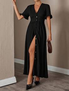 EURMUSE Solid Color Ruffle Trim Dress For Women, Button Front - Black - View 3