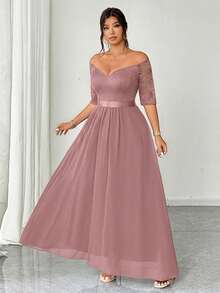 Elenzga Váy dự tiệc lãng mạn thanh lịch cỡ lớn dành cho nữ, váy maxi dài tay ngắn trễ vai bằng vải voan chắp vá ren - Hồng - Xem 3