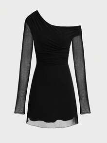 Siren Gaze 斜肩领网纱连衣裙，褶裥腰身显瘦，不对称肩部网纱A字下摆短款连衣裙，情人节优雅约会装，新年派对礼服，婚礼宾客冬季黑色连衣裙，女士优雅连衣裙，新年连衣裙，优雅派对连衣裙 - 黑色 - 查看 9