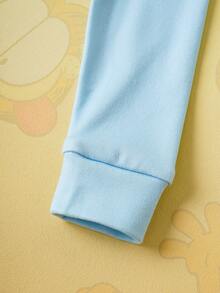 GARFIELD | SHEIN 2 件套小男孩条纹长袖上衣和可爱猫咪和泰迪熊全身印花裤睡衣套装，适合秋冬季 - 藍白色 - 查看 5