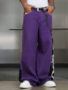 Manfinity EMRG Quần jean ống rộng in hình rồng chắp vá màu tương phản dành cho nam - Nhiều màu - Xem 3