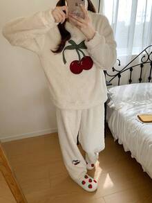 2 件套青少年女孩毛绒双面睡衣，可爱甜美印花和刺绣，舒适长袖上衣和裤子家居服套装，秋冬