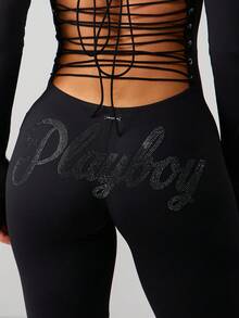 Missguided x Playboy Tuta con maniche lunghe, allacciatura, decorata con strass, per feste, club, eventi serali, senza schiena, aderente, elegante, lunghezza intera