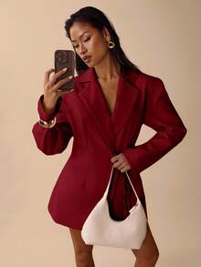 SHEIN BAE 女式纯色翻领长袖裹身系带休闲连衣裙 - 紫紅色 - 查看 5