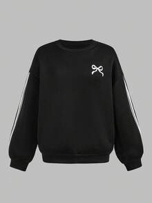 SHEIN Girlism 青少年女孩休闲心形印花针织纯色宽松落肩长袖运动衫和阔腿运动裤套装 - 黑色 - 查看 6