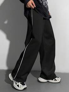 SHEIN 青少年男童宽松直筒裤，撞色黑色饰边，秋冬百搭，适合上学、居家、日常穿着、运动、生日派对、郊游，百搭、简约、复古 - 黑色 - 查看 9