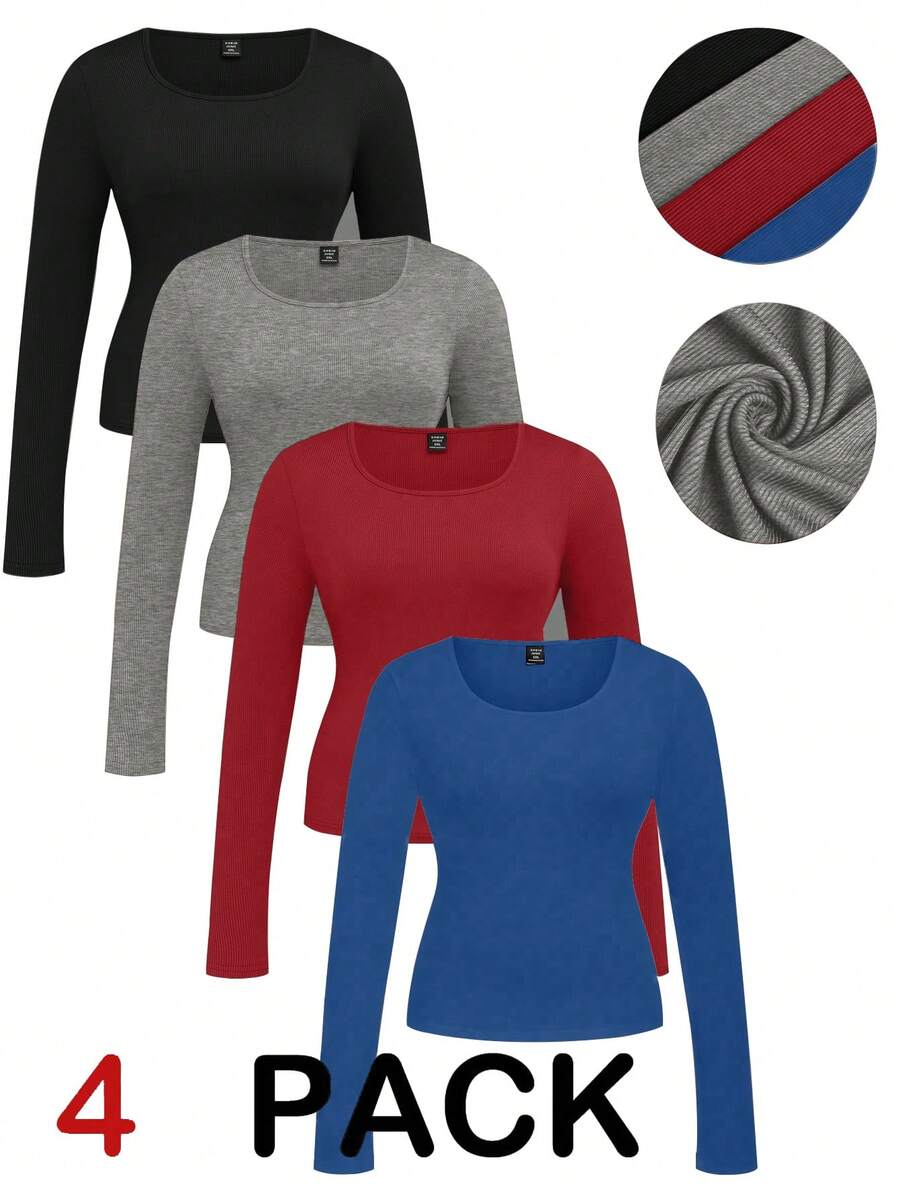 SHEIN LUNE 大码女式休闲宽松圆领长袖四件套T恤套装 - 彩色 - 查看 1