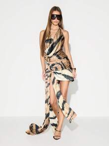 KIZN Satin Tiger Print Halter Neck Cami Top With Drape Detail And Tie Front - Multicolor - View 3