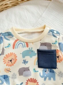 Newborn Baby Boy Cute Cartoon Pattern Long Sleeve Sweatshirt And Pants Set, Autumn/Winter - Multicolor - View 8