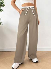 SHEIN EZwear 女款卡其色拼色休闲裤，女款春秋休闲抽绳口袋阔腿长款卡其色宽松裤，休闲日常穿搭 - 卡其色 - 查看 3