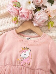 1-Pack Cute Baby Girl Casual And Elegant Grab Pink Hem Spliced Glitter Tulle Dress Suitable For Birthday Parties, Evening Parties, Performances, Weddings, Baptisms, Opening Ceremonies, Suitable For Daily Use, Suitable For Travel, Suitable For Autumn And Winter Dusty Pink Baby Dress Pink Dresses For Baby Girl Baby Girl Unicorn Dress Baby Girl Long Sleeve Dress Toddler Pink Tulle Dress Pink Dress Homecoming Dresses - Pink - View 4