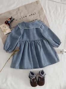 SHEIN 女婴休闲可爱彼得潘领蝴蝶结前片拼接纽扣松紧腰A字长袖连衣裙，秋冬款 - 藍色 - 查看 2