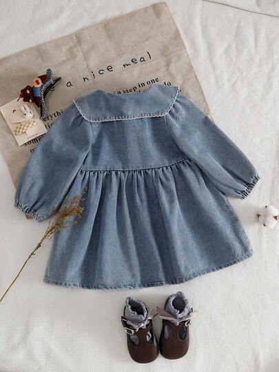 SHEIN Baby Girls' Casual Cute Peter Pan Collar Bowknot Front Splice Button Elastic Waist A-Line Long Sleeve Dress, Autumn/Winter