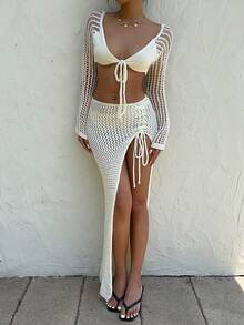 Sunnyshic Bộ 2 món áo len hở vai tay raglan gợi cảm kèm chân váy mini xẻ tà bên hông cho kỳ nghỉ của nữ - Màu be - Xem 6