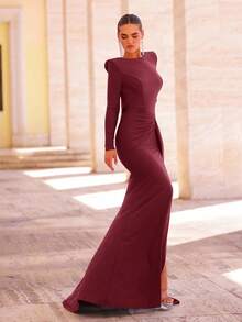Glamrae Elegant Dark Brown Shiny Long Sleeve Formal Evening Gown,Wide Boat Neck Waist Twist Drape Open Back Mermaid Hem Dress For Wedding Party,Birthday - Burgundy - View 5