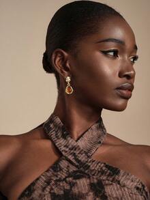 JIAN LASALA 3 Pairs Of Vintage Elegant Amber Color Resin Inlaid Earrings For Women, Versatile Formal Wear For Daily, Party, And Ball - Brown - View 3