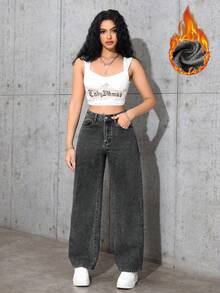 Jeanoix 女式高腰口袋阔腿宽松休闲百搭牛仔裤 - 深灰色 - 查看 5