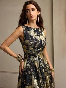 ZEYLAH 女式金属印花腰部喇叭连衣裙，秋冬 - 黑色 - 查看 7