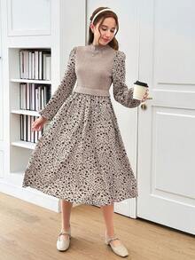 SHEIN 少女夏季/秋季全身印花荷叶边荷叶边袖连衣裙，非常适合夏季和秋季休闲日常穿着和上学日常穿着，妈妈和女儿和姐妹搭配 - 杏色 - 查看 5