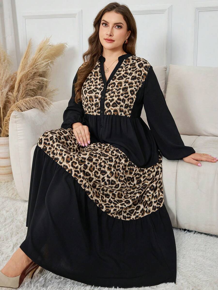 Al Najma Plus Size Women's Casual Patchwork Leopard Print Long Sleeve Loose Dress, Spring/Autumn