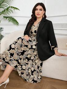 Modelyn Conjunto de vestido y blazer de talla grande para mujer con estampado de paisley, cuello en V y sin mangas, para otoño/invierno