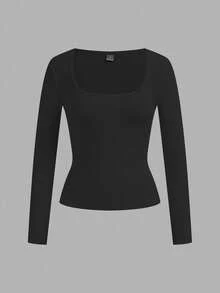 Tseoso 2 件黑色休闲长袖方领修身加厚长款 T 恤套装，不含胸罩，适合秋冬季，温暖、休闲、舒适别致、修身百搭，日常穿着，室内外均可穿着，复古，