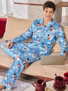 CoupledUp 男士可爱圣诞雪人雪花印花翻领缎面长袖上衣和裤子睡衣套装 情侣睡衣套装 秋冬服装 男士睡衣 - 藍色 - 查看 5