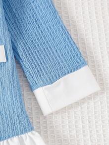 Young Girl Colorblock Faux Pearl Button Patchwork White Ruffle Hem Long Sleeve Dress - Blue - View 4