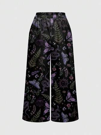 Pantalon ample à jambes larges avec imprimé tout-sur-tout de femmes gothiques, mystérieuses, sorcières, papillons, plantes, serpents, soleil, lune et étoiles