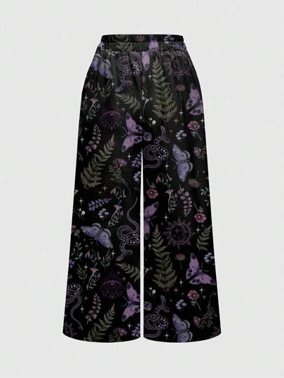 Goth Pantalon ample à jambes larges avec imprimé tout-sur-tout de femmes gothiques, mystérieuses, sorcières, papillons, plantes, serpents, soleil, lune et étoiles