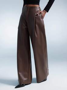 Aveloria Affinna Women's PU Material, Retro American Design, Waist Cinched Loose Casual Versatile Wide Leg Straight Pants