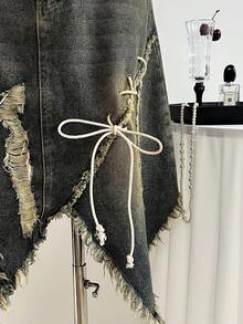 Elamini Women's Fashionable Distressed Frayed Hem Casual Denim Mini Skirt, Versatile For Summer Denim Skirt Set Grunge Clothes Unique Clothes Pirate Skirt Cowgirl Skirt - Blue - View 3