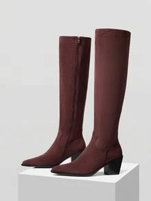 MOTF FASHION CHUNKY HEEL ZIPPER SIDE OVER-THE-KNEE BOOTS - Burgundy - View 4