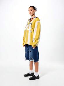 SUMWON WOMEN 破洞牛仔短裤，带孔眼细节，磨损下摆，休闲夏季百慕大风格高腰牛仔短裤，节日时尚 - 藏蓝色 - 查看 6