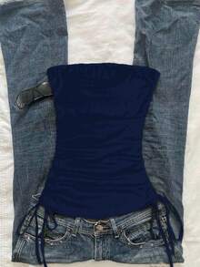 Attitoon Navy Blue Women's Casual Drawstring Tie-Front Cropped Camisole Top - Navy Blue - View 4