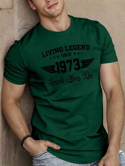 Manfinity Homme Since 1973 Legendary" Classic Graphic Men Short Sleeve T-Shirt, Retro Style Short Sleeve Top Men Green Graphic Tees