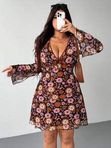SHEIN EZwear Plus Size Floral Print Lace Trim Mesh Long Sleeve Dress, Autumn/Winter - Multicolor - View 1