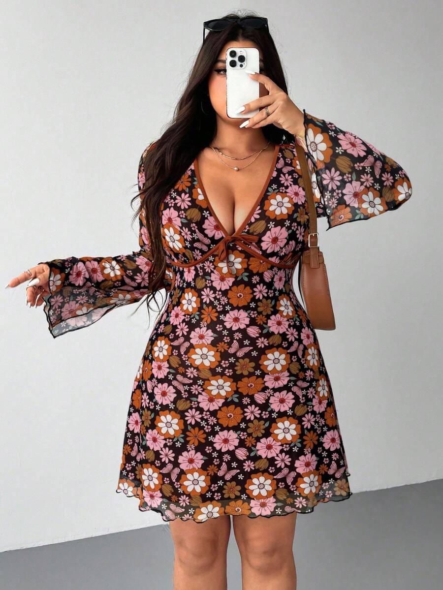 SHEIN EZwear Plus Size Floral Print Lace Trim Mesh Long Sleeve Dress, Autumn/Winter - Multicolor - View 1