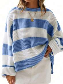 SHEIN EMERY ROSE CURVE Plus Size Casual Colorblock Striped Plus Size Sweater, Autumn/Winter - Blue - View 1