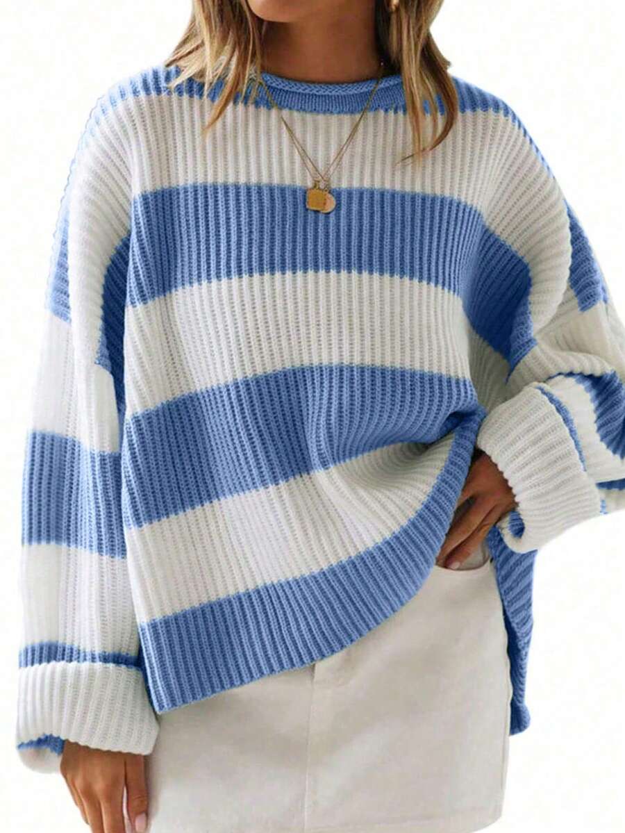 SHEIN EMERY ROSE CURVE Plus Size Casual Colorblock Striped Plus Size Sweater, Autumn/Winter - Blue - View 1