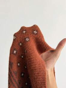 Sunspun Plus Size Women Casual Cute Loose Crew Neck Vintage Jacquard Knit Pullover Sweater, Autumn/Winter - Brown - View 7