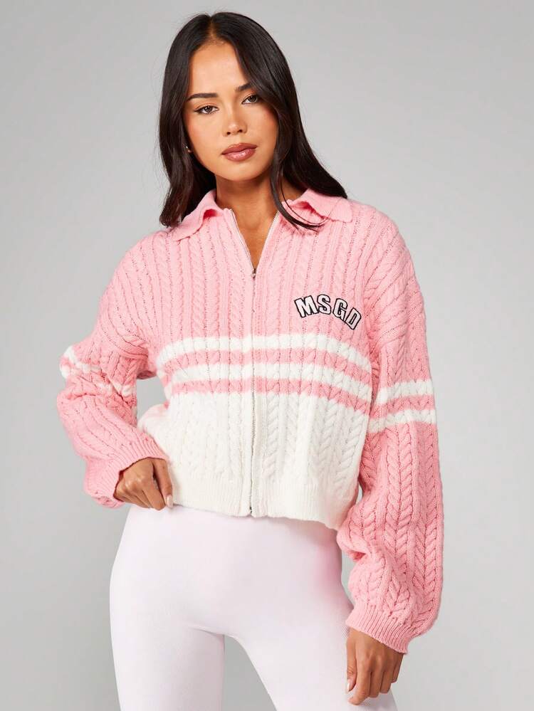 MISSGUIDED Cable Knit Stripe Quarter Zip Cardigan With Embroidered Logo Detail