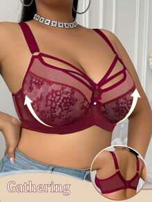 SHEIN 1件加大码蕾丝拼接钢圈文胸，圣诞节 - 紅色 - 查看 7