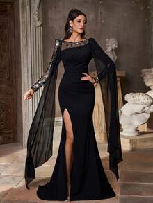 Aureia Elegant Luxurious Floral Patchwork Elastic Knit Chiffon Sheer Sleeve Fishtail Slit Dress,Suitable For Weddings,Events,Parties,Galas,Formal Occasions - Black - View 6